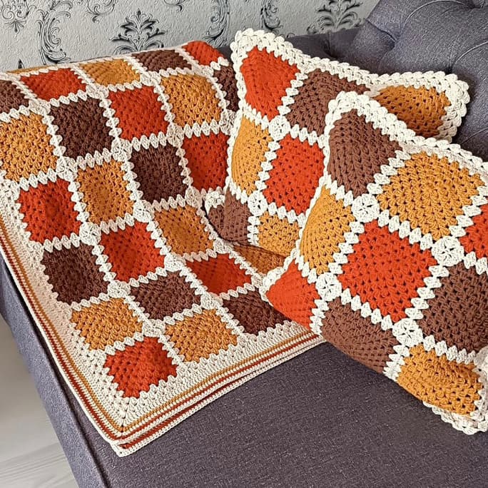 Manta em crochê + capas de almofadas | Manta para cama ou sofá | Manta Squares