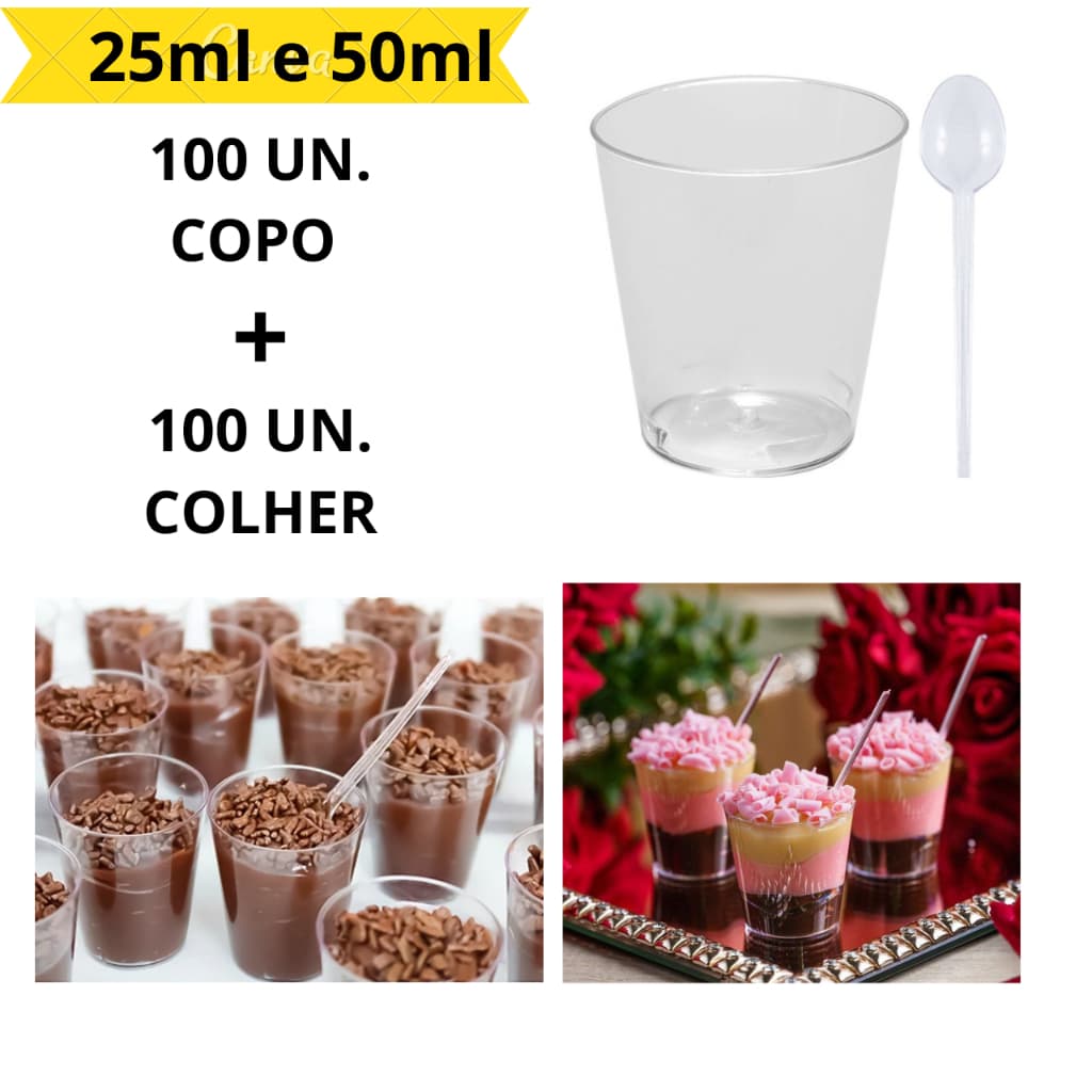 Kit 100 Unidade Mini Copos 25ML e 50ML P/ Brigadeiro + Colherzinhas