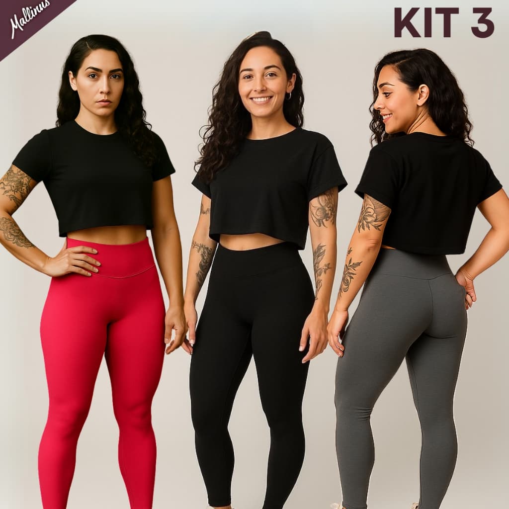 Kit 3 Calça Legging Academia Cintura Alta Feminina Suplex Lisa Grossa Fitness Zero Transparência