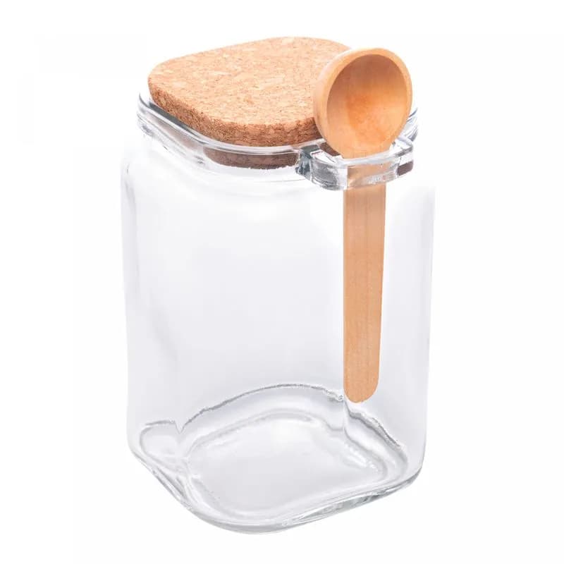 Pote Quadrado de Vidro C/ Colher Bambu Tampa Rolha 830ml Lyor