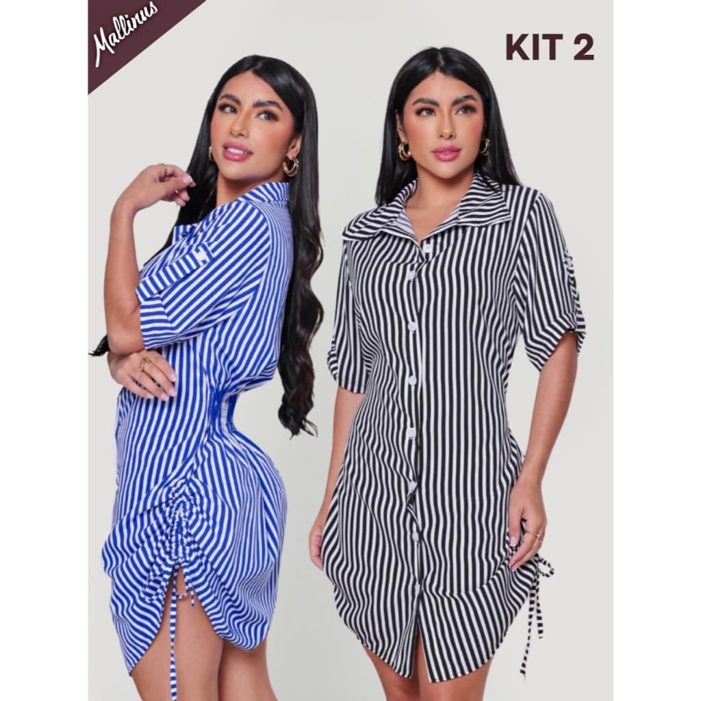 Kit 2 Vestido Feminino Chemise Listrado Ajustável Com Botões Manga Média Moda Blogueira