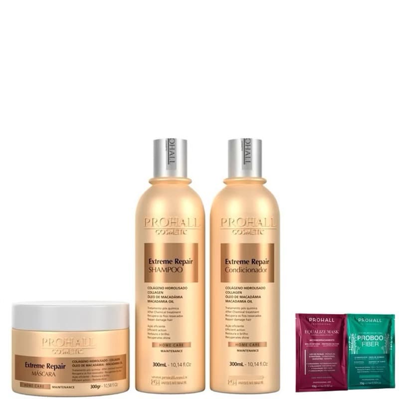 Kit Extreme Repair Home Care Prohall Shampoo/Cond/Masc 300g + 2 Sachês Hidratação Prohall Professional de Brinde