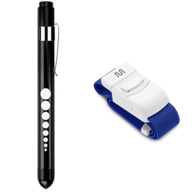 Kit Lanterna Clínica Preta Luz Led Branca/Amarela + Garrote Azul