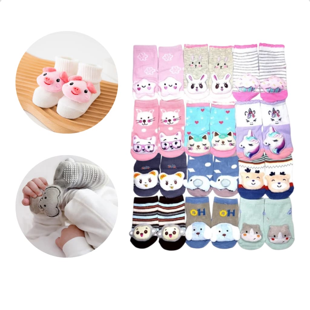 Kit 3 Pares Meias Infantil 3D Bichinhos Fofinhos Menino Menina Antiderrapante