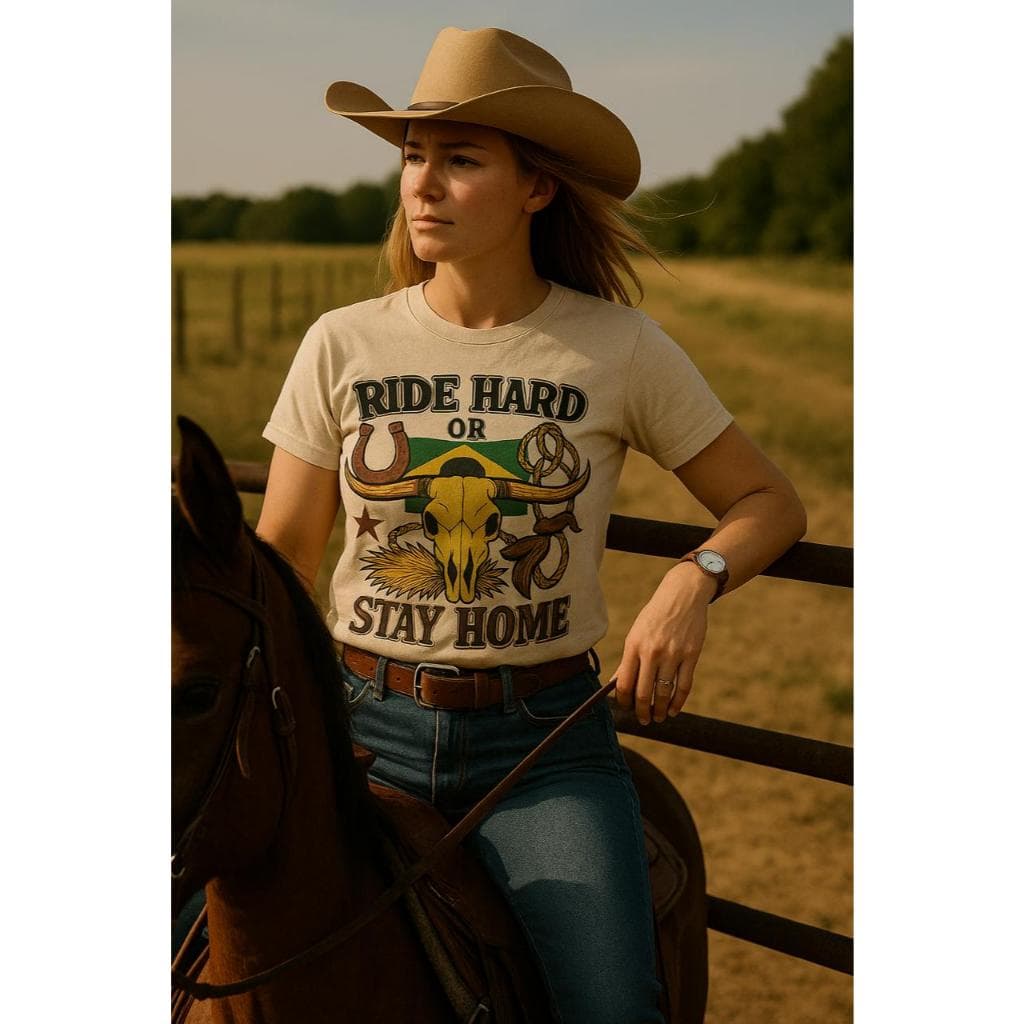 camiseta básica feminina 100%algodão estilo country rodeio caveira de boi brasil agro