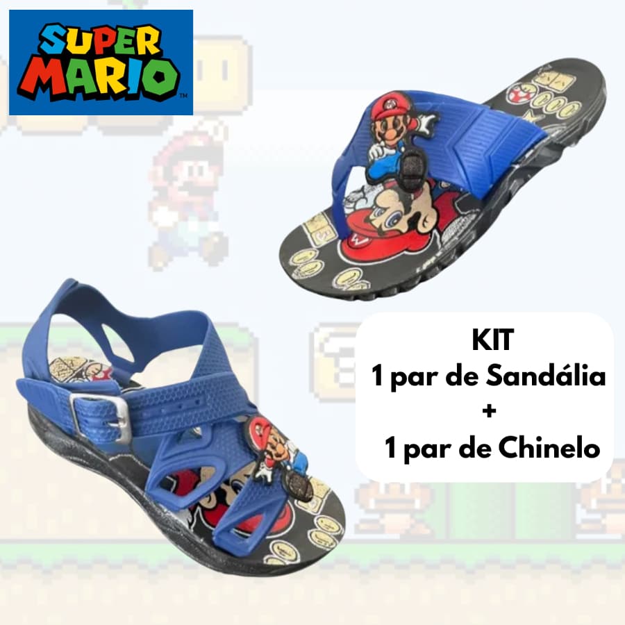 KIT SUPER MARIO 2 pares FILME Sandália PAPETE + CHINELO Personagens Desenho Meninos