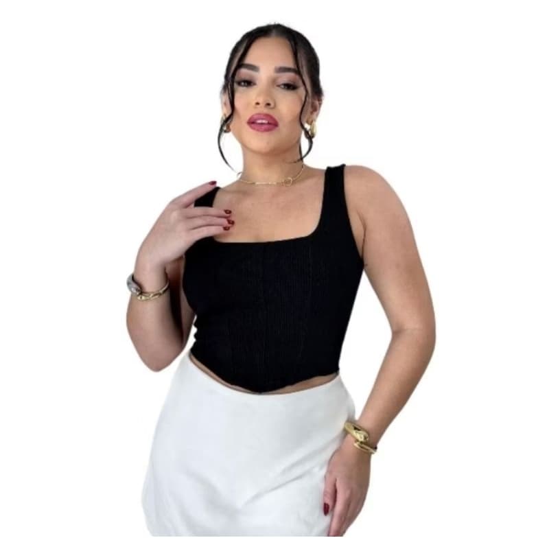 Cropped Regata Bico V Corselet Com Bojo Alça Larga Estilosa e Confortável Blusinha Tendência Moda Corset Top