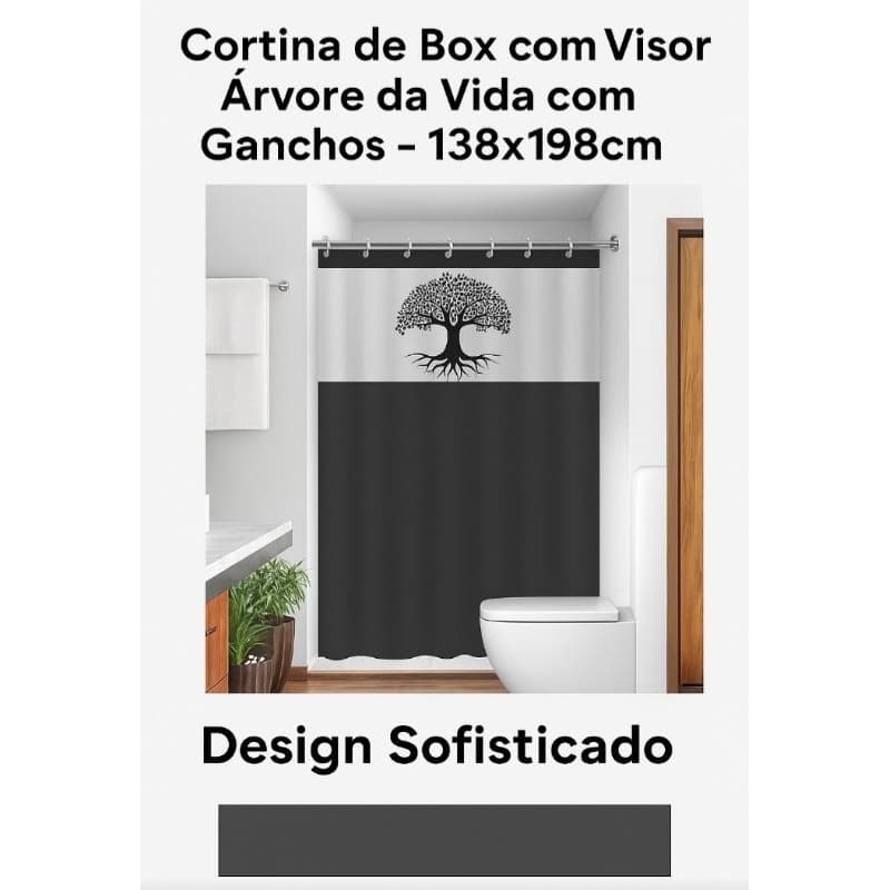 Cortina de Box Banheiro Anti Mofo com Visor Árvore da Vida Impermeável com Ganchos – 138x198cm