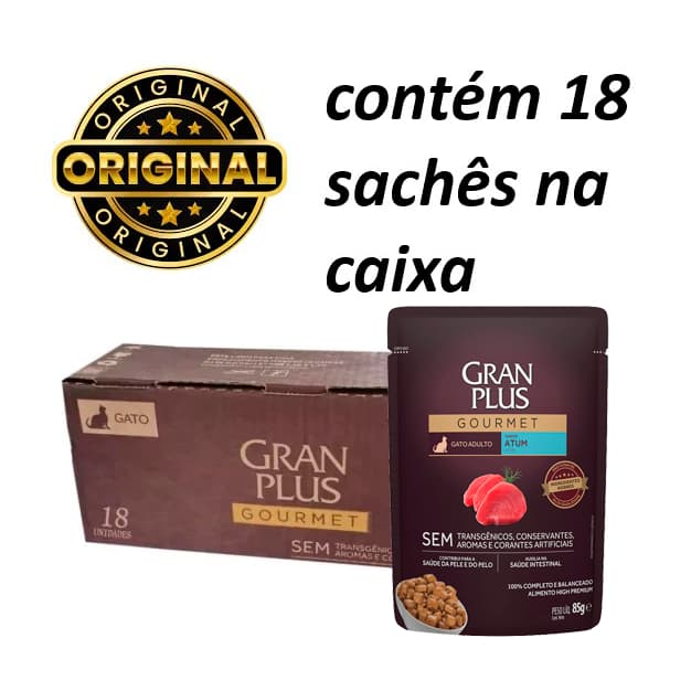 Kit 18un. Ração Úmida Sachê GranPlus Gourmet ATUM Gatos Adultos 85g