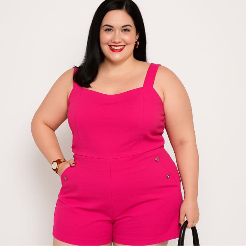 Macaquinho Plus Size Curto GG Tendência Verão Macacão com Botão