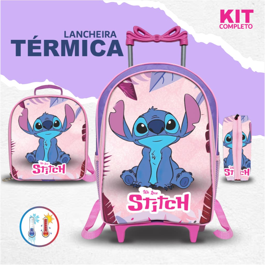 Mochila Escolar Infantil Stitch + Lancheira TÉRMICA + Estojo - Reforçada