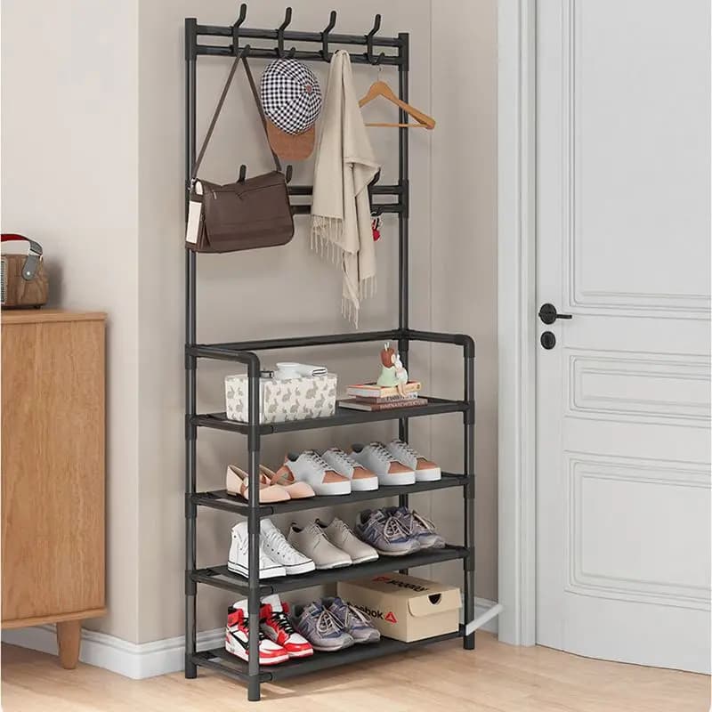 Prateleira Rack Organizador de Roupas Sapatos Estante Móvel Multiuso de Metal 5 Andar e Ganchos