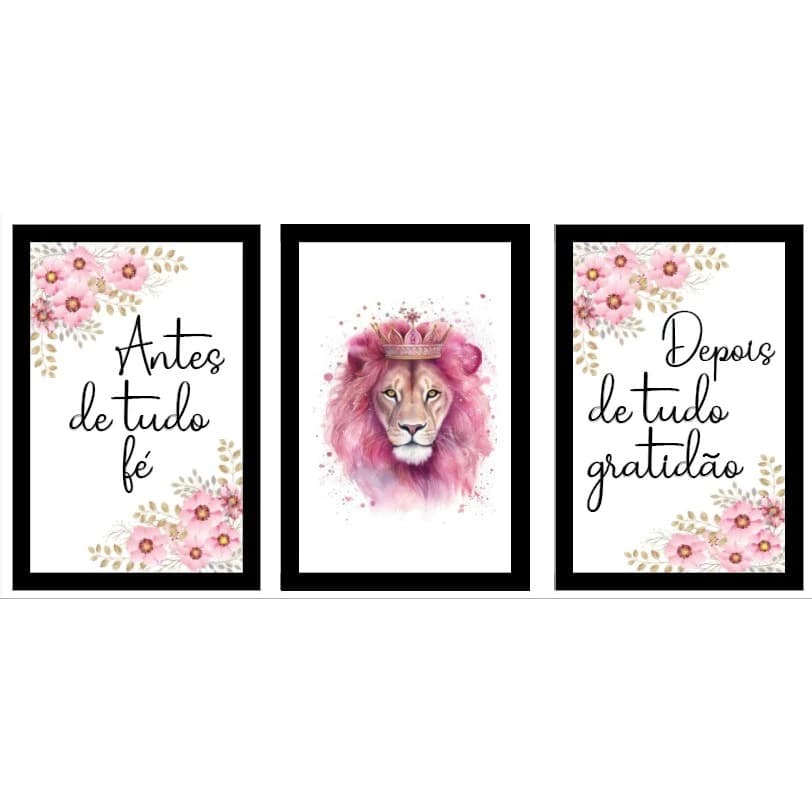 Kit Três Quadros Decorativos Fé e gratidão Rosa Leão