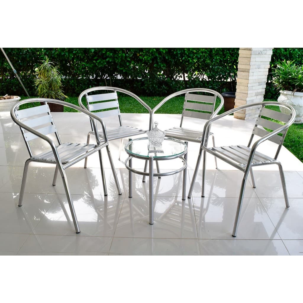 Kit 4 Cadeiras + 1 Mesa Alumínio Varanda Área Externa Jardim Piscina Leve Resistente Durável Empilhável Casa Praia