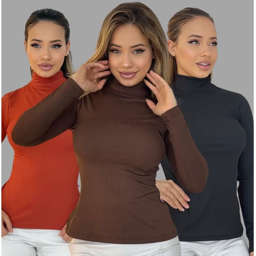 Blusa Feminina Manga Longa Cacharrel Confortável Básico Gola Alta