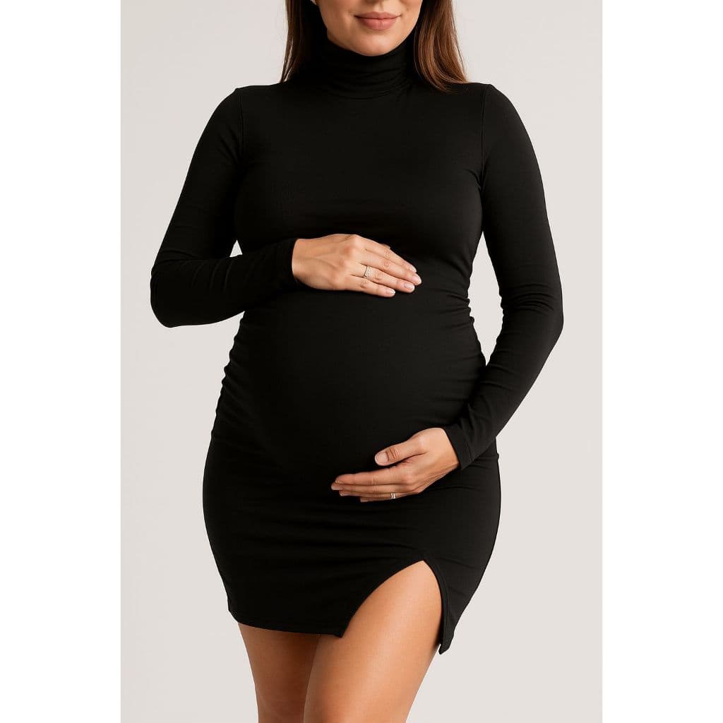 Vestido Justo Curto Gola Alta Fenda Manga Longa Suplex Elegante Confortável Gestante