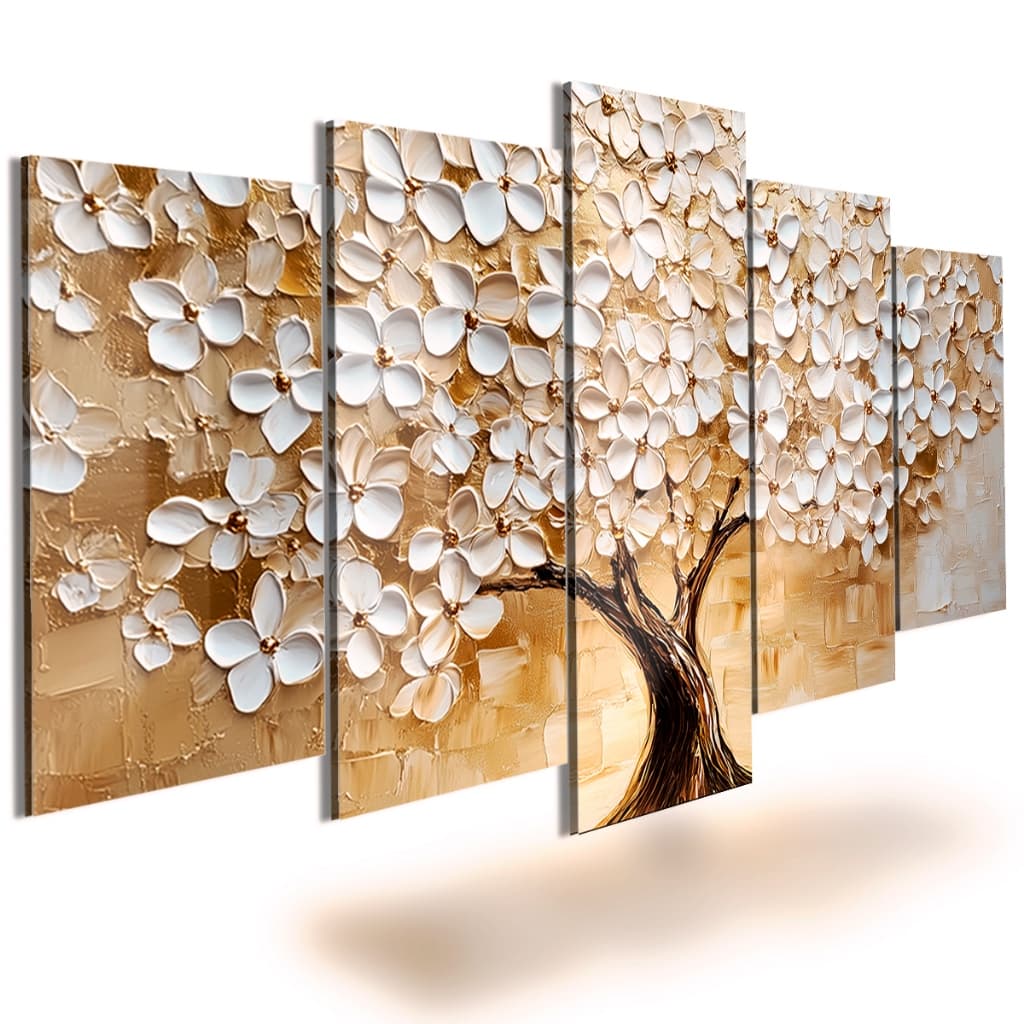 Quadros Decorativos Árvore da Vida Flores Branca Ouro Para Sala Quarto Moderno
