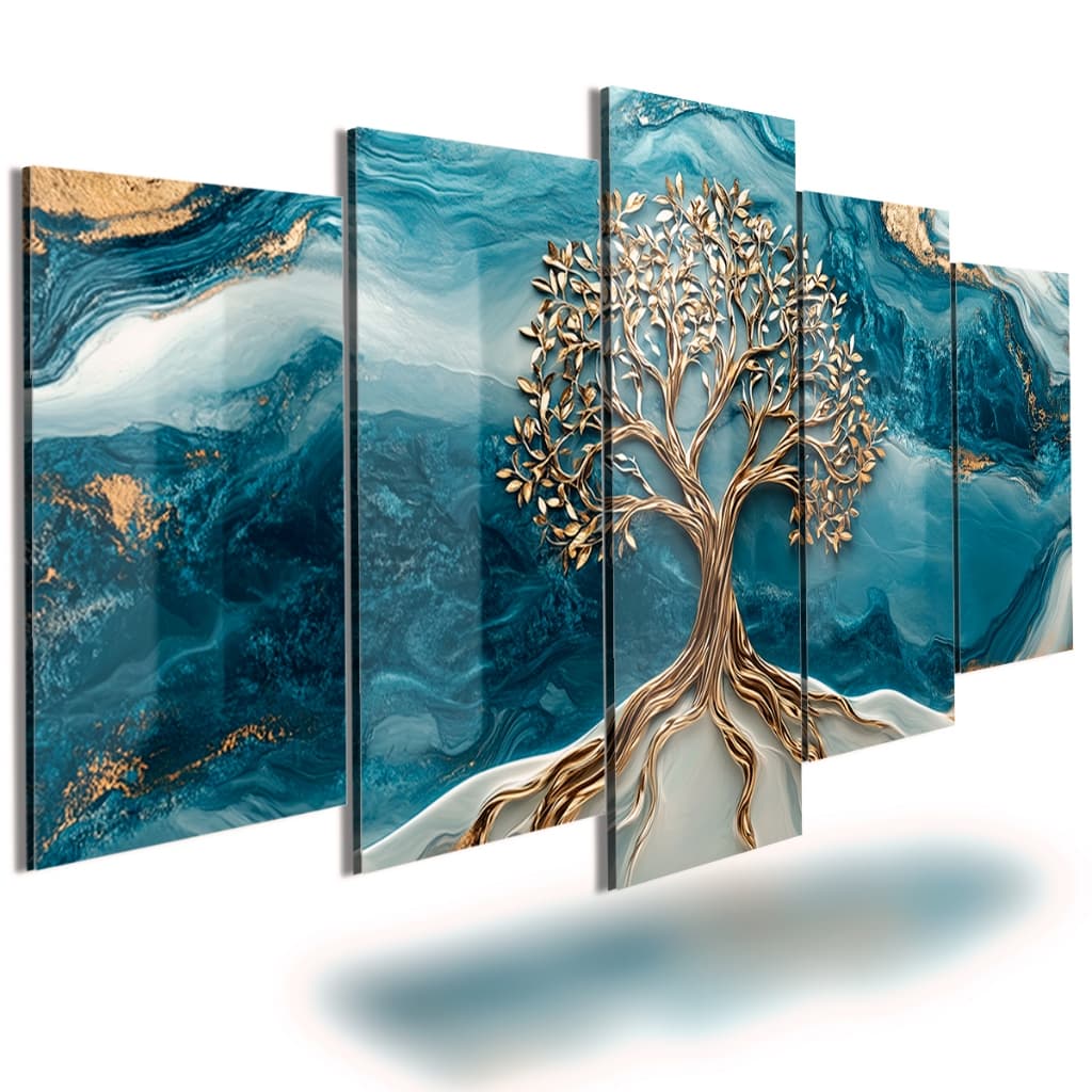 Quadros Decorativo Árvore da Vida Dourada Marmorizado Azul Luxo para Sala Escritório