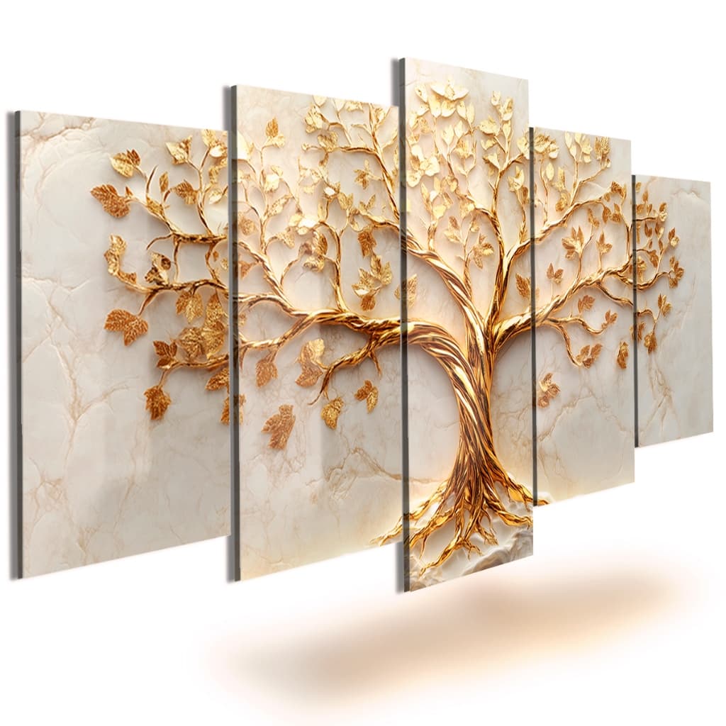 Quadros Decorativos Árvore da Vida Dourada Ouro Fundo Branco Para Sala Quarto Moderno