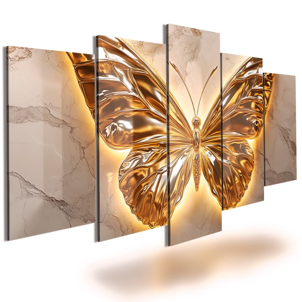 Quadros Decorativo 5 Peças Borboleta Dourada De Luxo Mármore Moderno para Sala Quarto Hall