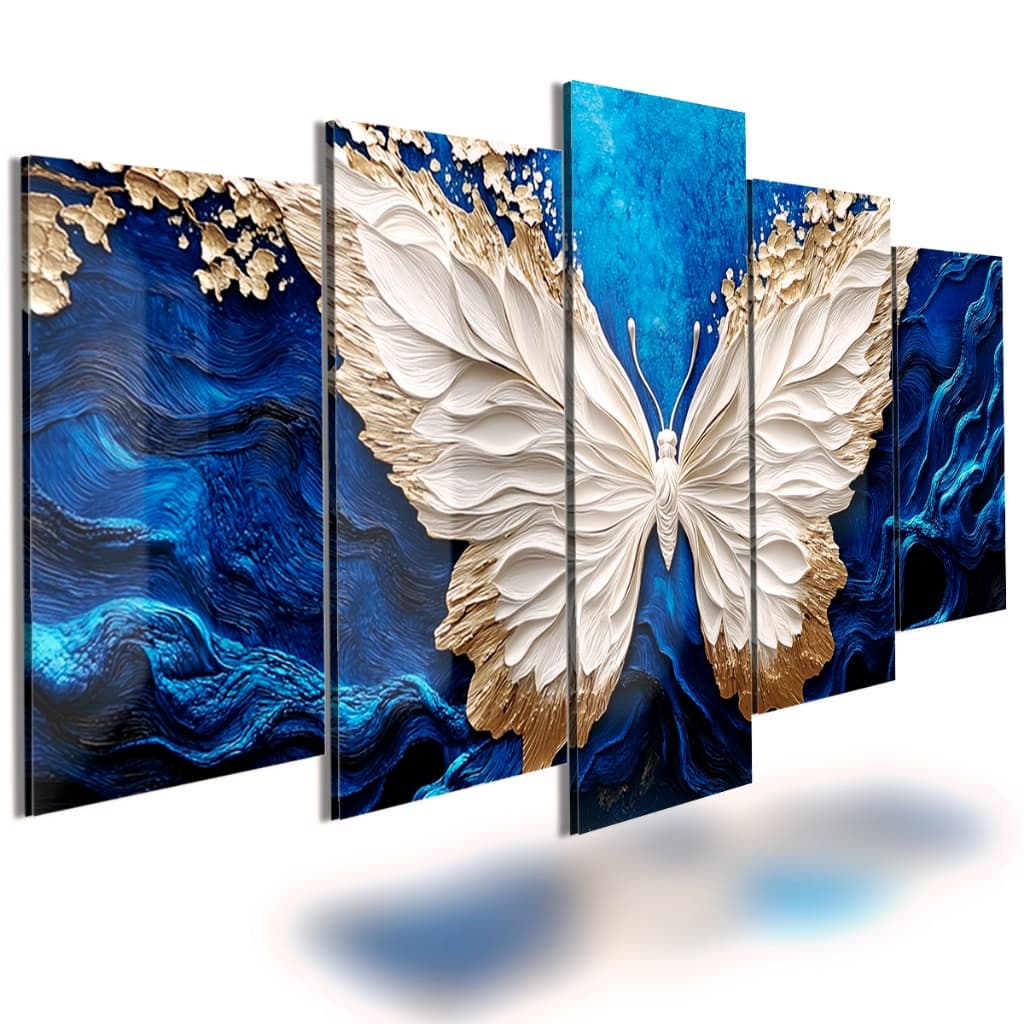 Quadros Decorativo 5 Peças Borboleta Branca De Luxo Mármore Azul Oceano Moderno para Sala Quarto Hall