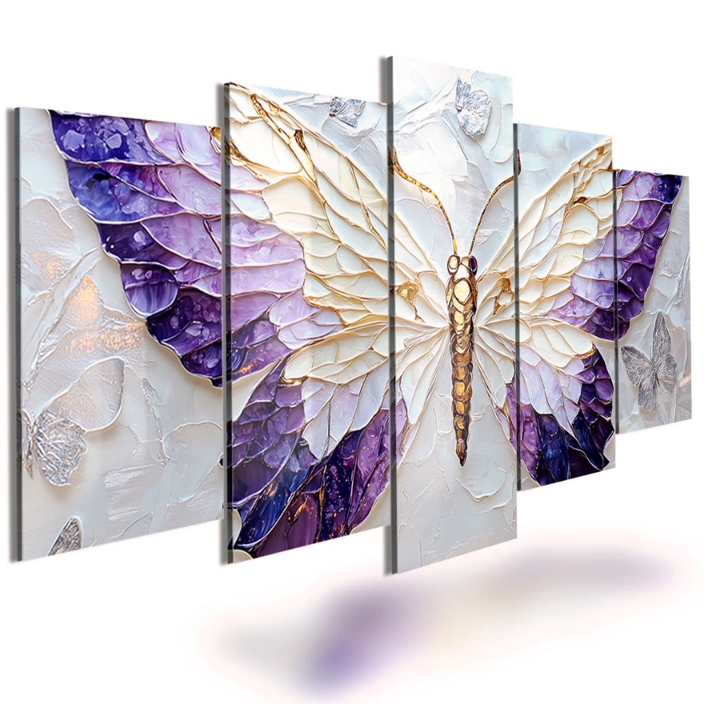 Quadros Decorativo 5 Peças Borboleta Roxa De Luxo Mármore Branco Abstrato Moderno para Sala Quarto Hall