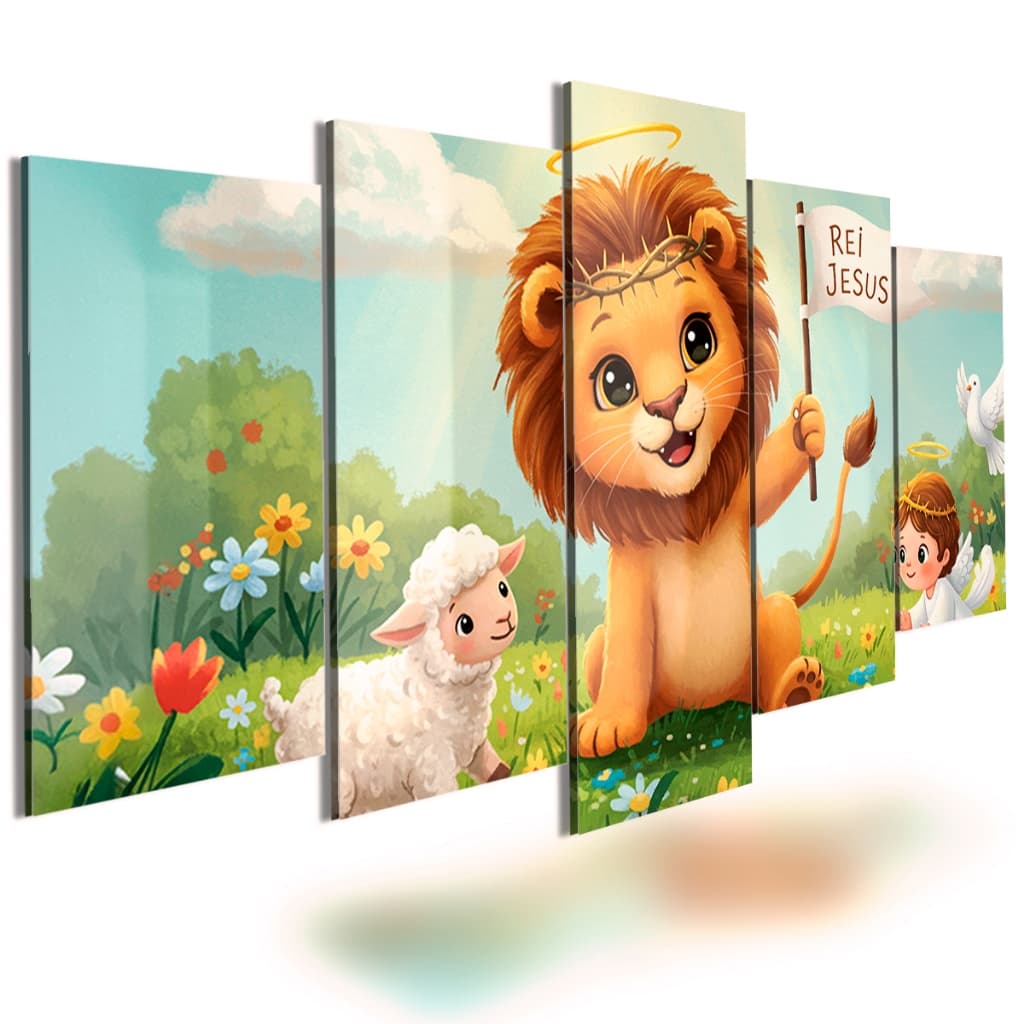 Quadros Decorativo Infantil 5 Peças Leão E Cordeiro Rei Jesus Sala Quarto