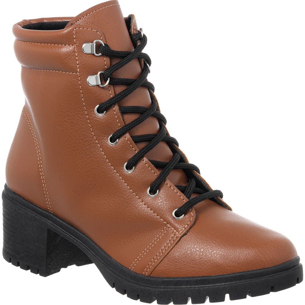 Bota Coturno Feminino Sola Leve Tratorado Cordão Cano Baixo Bota Salto Médio Confortável Promoção