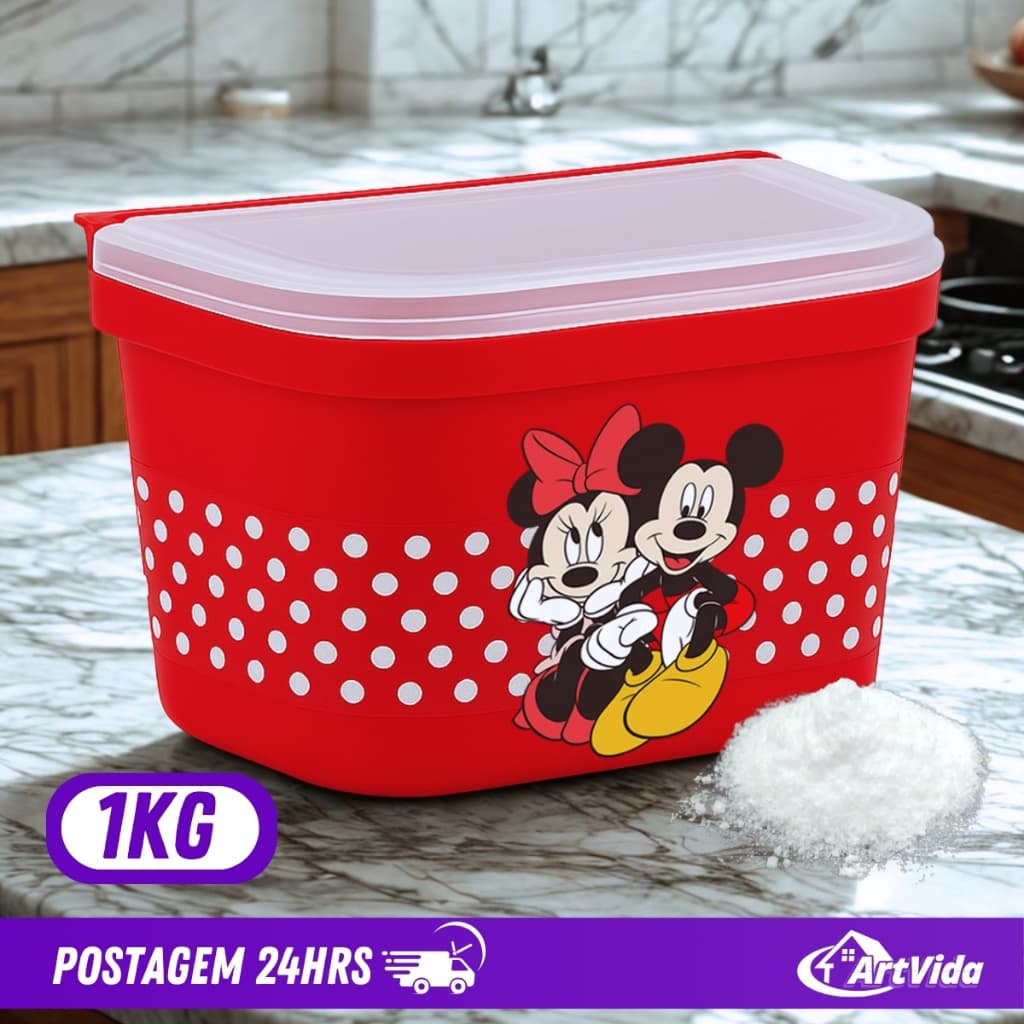 Saleiro Mickey Minnie 1KG Tampa fecha e abre fácil Cozinhas Guarda Condimentos – ArtVida