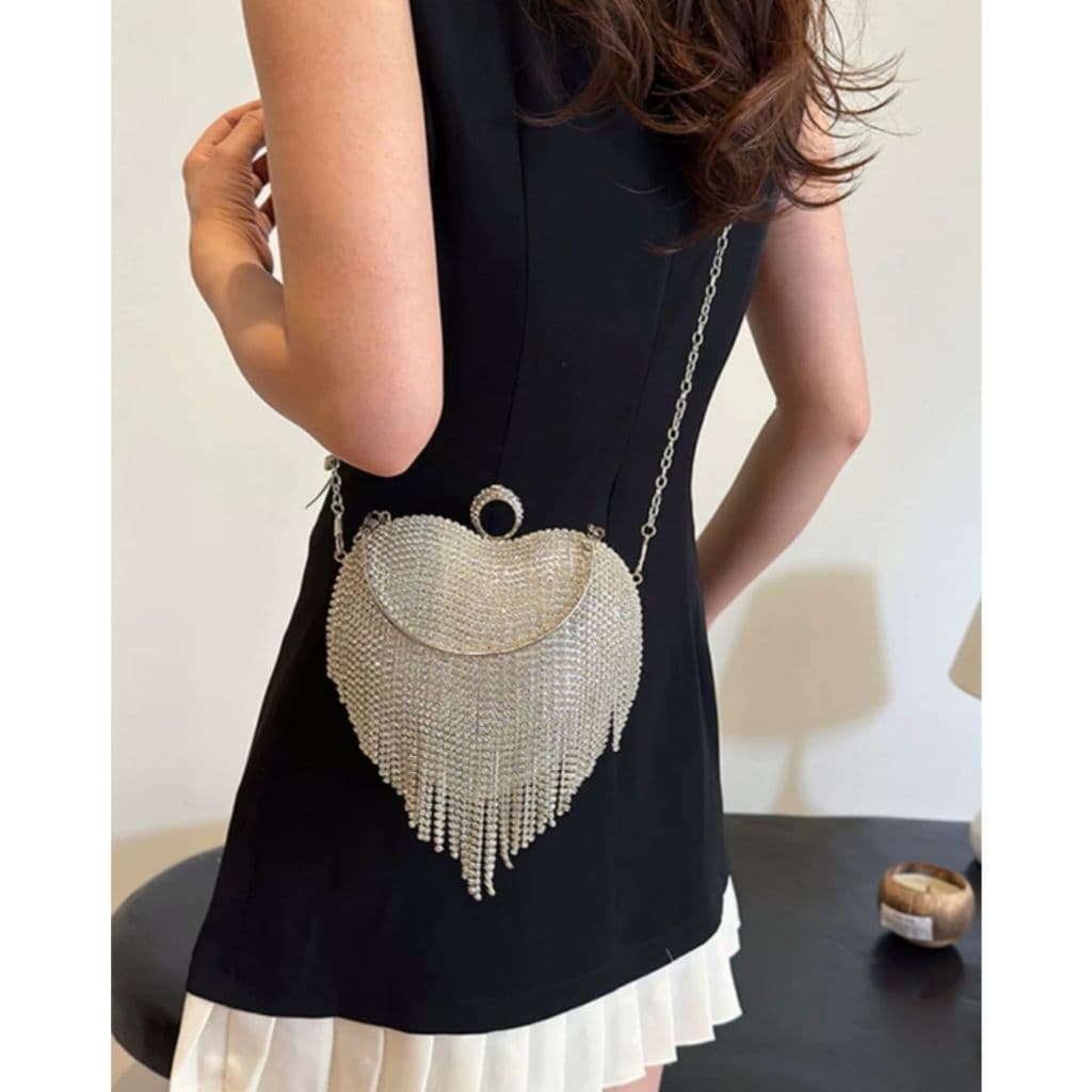 Bolsa Clutch de festa coração anel casamento de mão franja de strass cintilante carteira fecho com trava bloquei#yc-67o