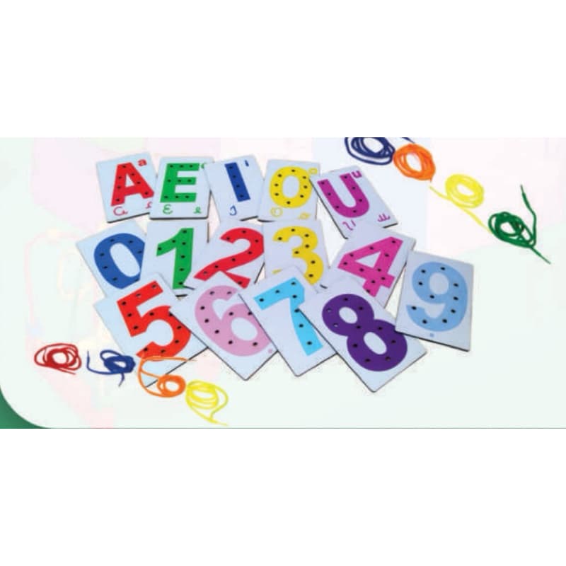 kit de Alinhavos infantil com 15 Placas de Vogais e Números em Madeira