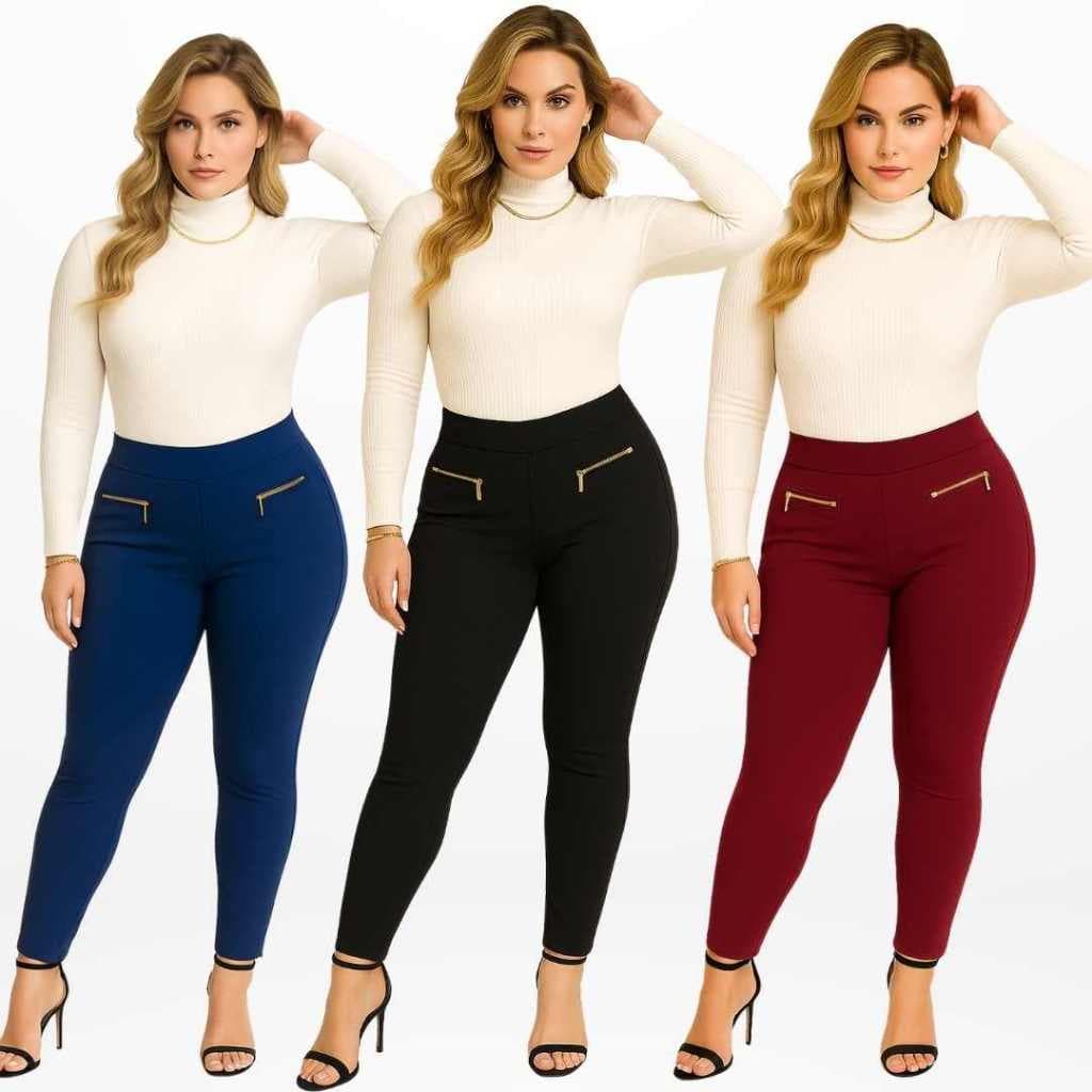 Kit 3 Calça Legging Montaria Feminina Calça Leg com Zíper Cintura Alta