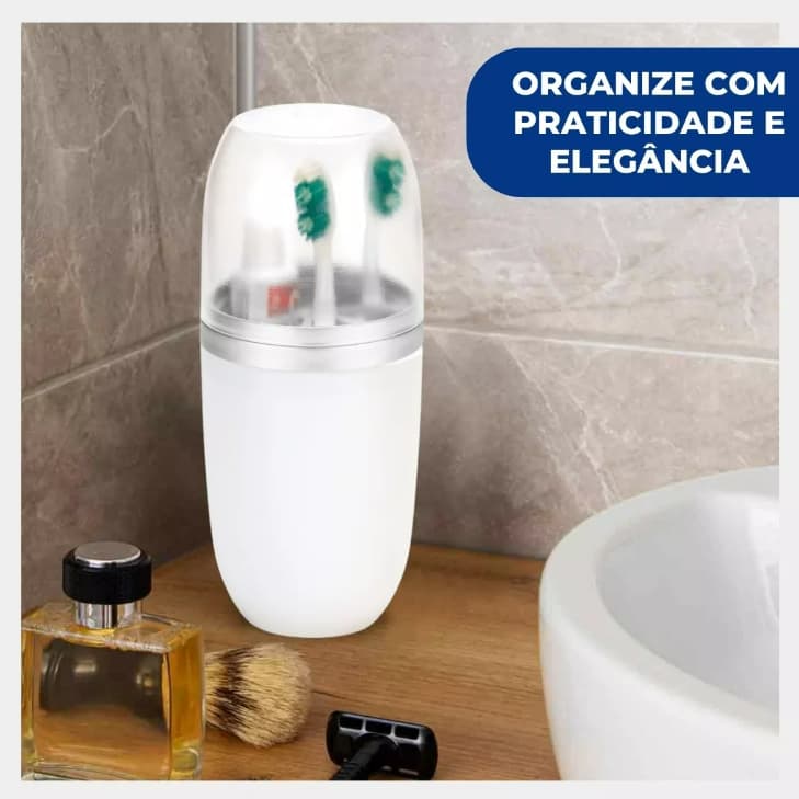 Porta Escova E Pasta Com Tampa Transparente 500ml Arthi Cor Branco E Prata