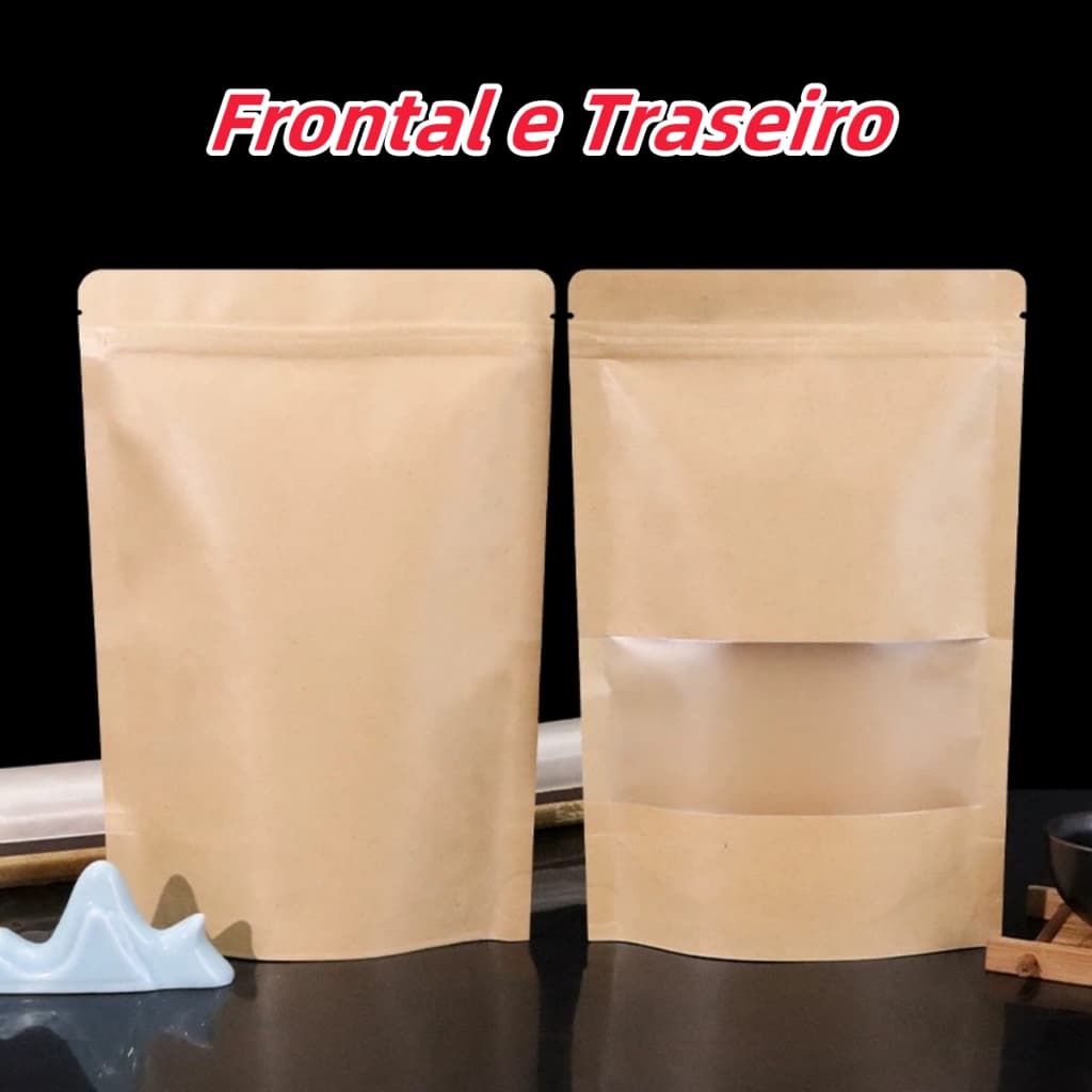 Kit 100 Saco Kraft Stand Up Pouch com Visor 10x15/12x20x4/15x22+4cm - Pronto Entrega