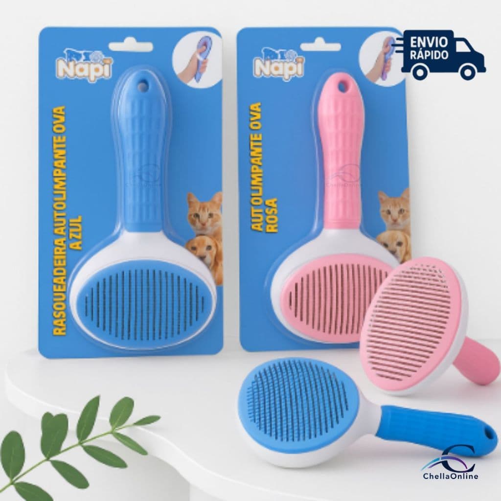 Escova Rasqueadeira Autolimpante Oval Napi Para Cães e Gatos – Tira Pelos e Desembaraça Pelagem