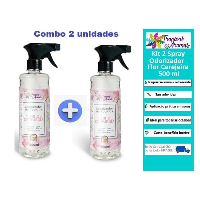 Kit 2 Spray Odorizador Tecido 500ml Flor de Cerejeira Perfume De Roupa Tropical Aromas