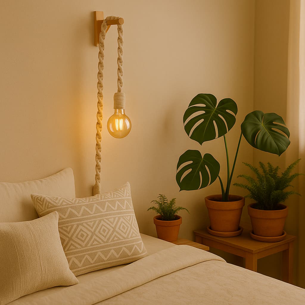 Luminária Abajur Pendente Em Macramê Para Quarto + Mão Francesa