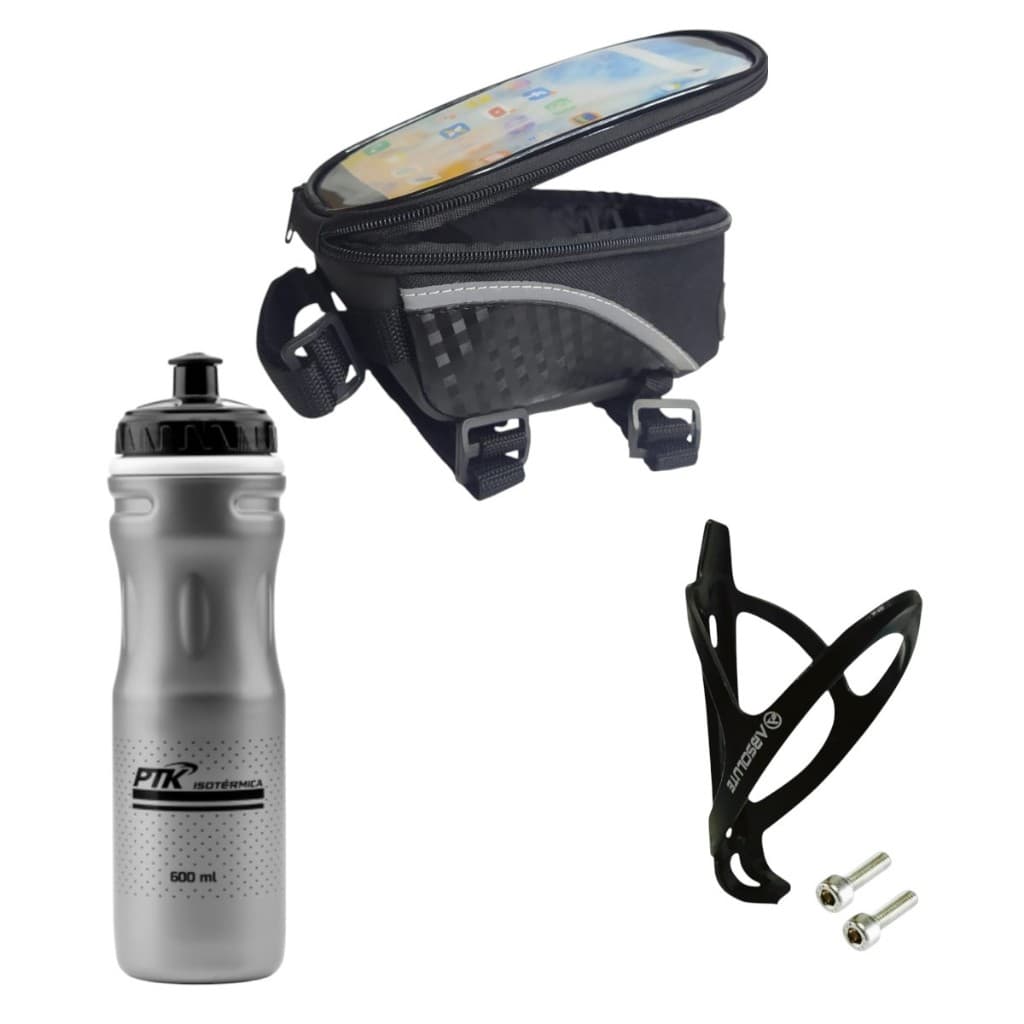 Garrafa de Agua Caramanhola Squeeze com Suporte absolute +Bolsa porta celular e acessórios para Bike
