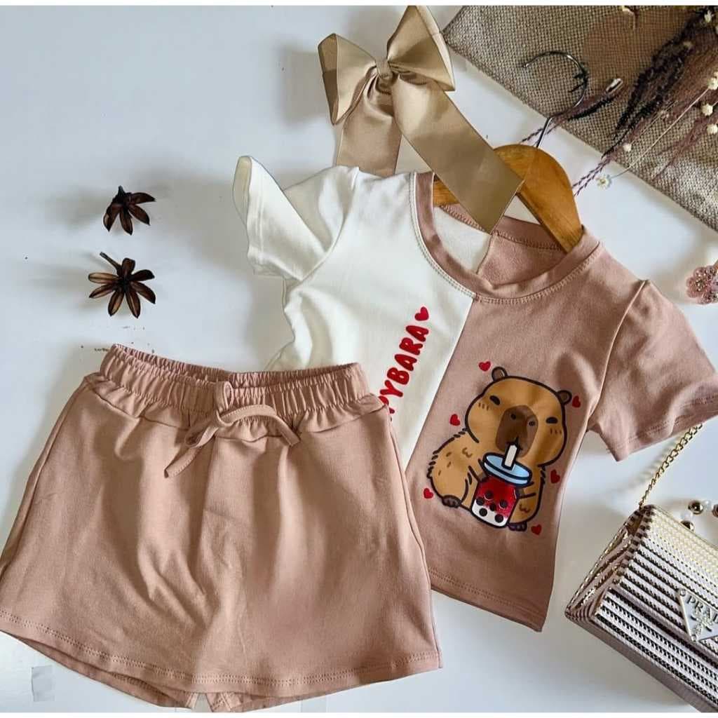 Conjunto Capivara Infantil menina blusa + Short Saia Moda Verão Menina