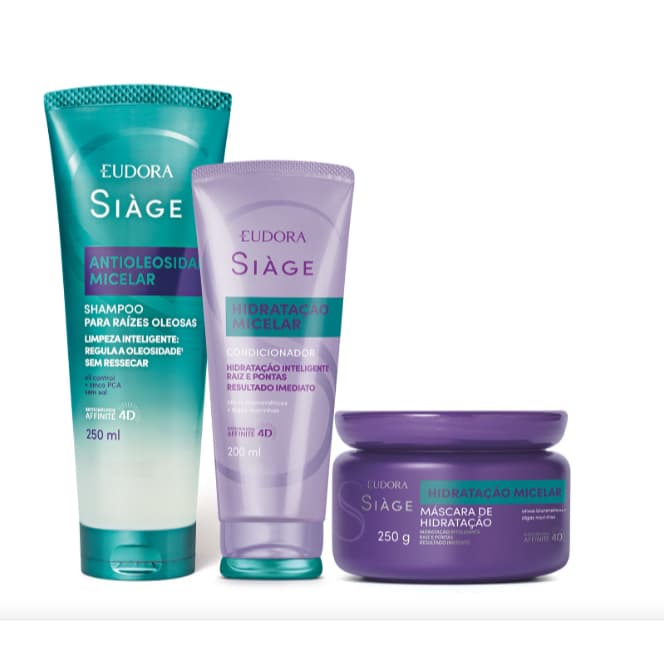 Siàge Hidratação Micelar: Shampoo 250ml + Condicionador 200ml Eudora.