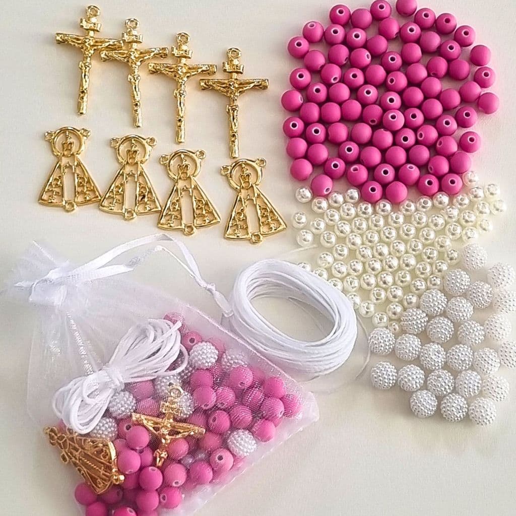 Kit Missangas Bolinhas Para Terço Nossa Senhora Artesanato Rosa Crucifixo Dourada