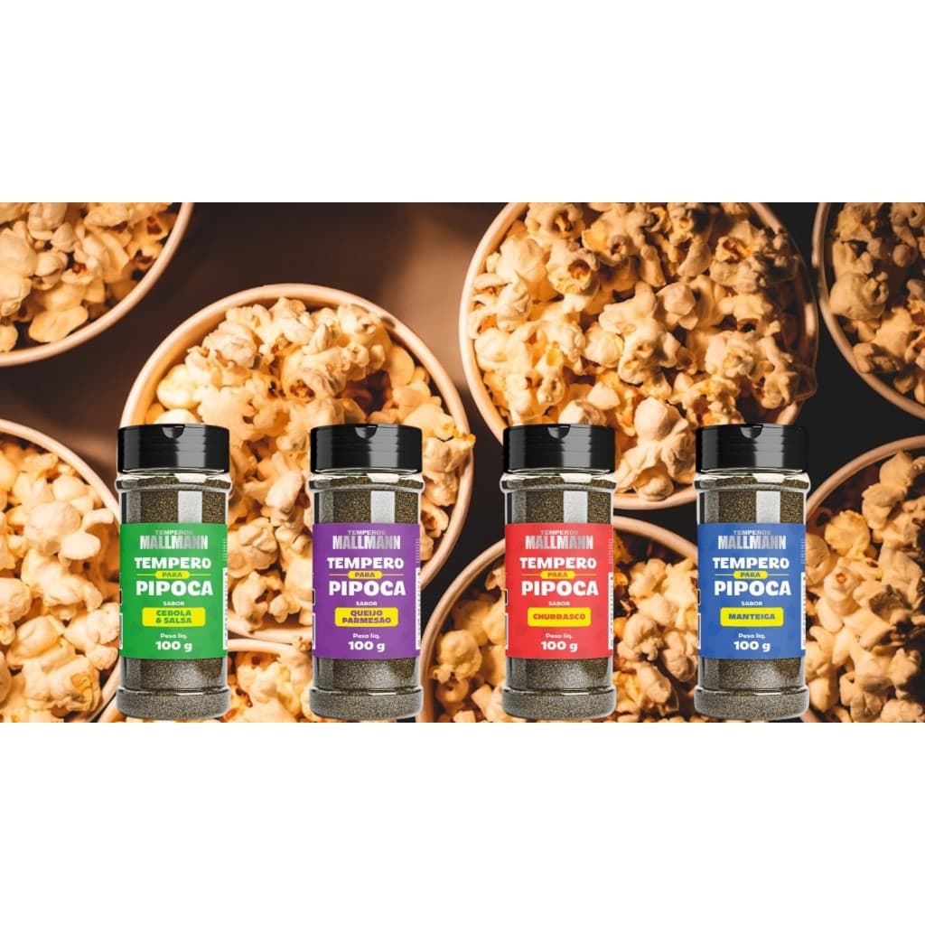 Kit 04 temperos de pipoca nos sabores manteiga, churrasco, queijo e parmesão & cebola e salsa