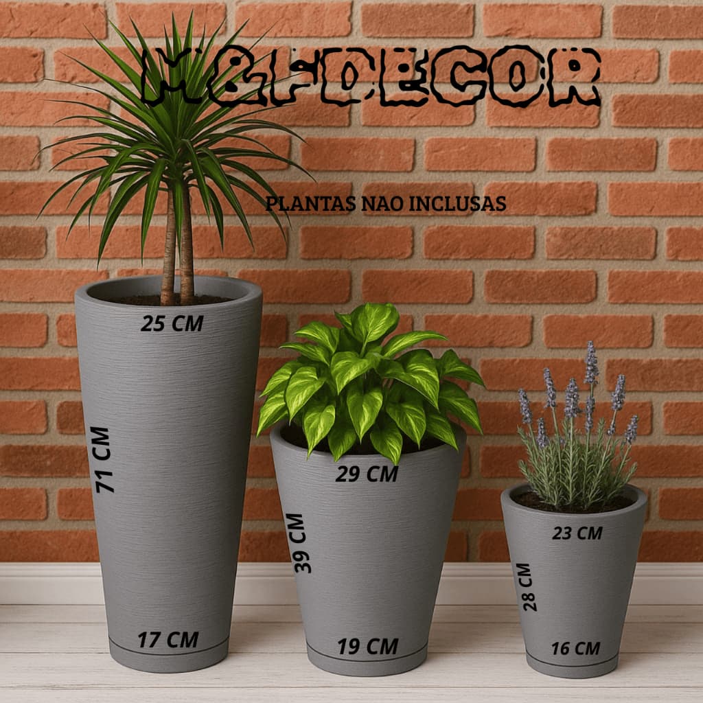 kit 03 vasos decorativos coluna ibiza (P, M, G) com prato coletor 71 cm de altura casa jardim