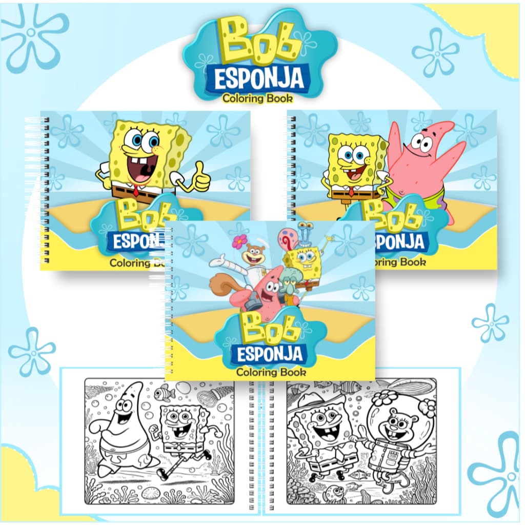 Livro de Colorir Bob Esponja Capa Dura Holografica 50 Folhas Grossas com Acetato de Brinde