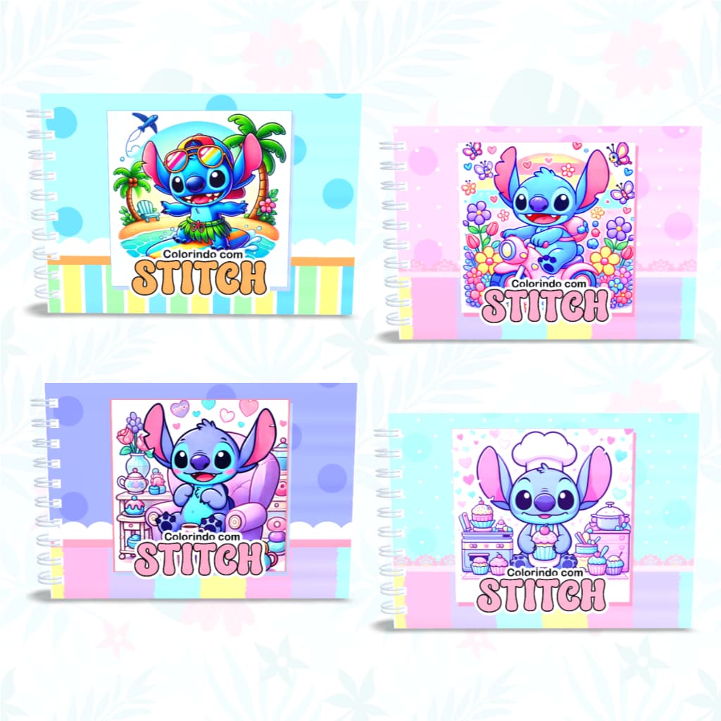 Livro de Colorir Stitch Capa Dura Holografica Azul e Rosa 50 Folhas grossas com Acetato de Brinde