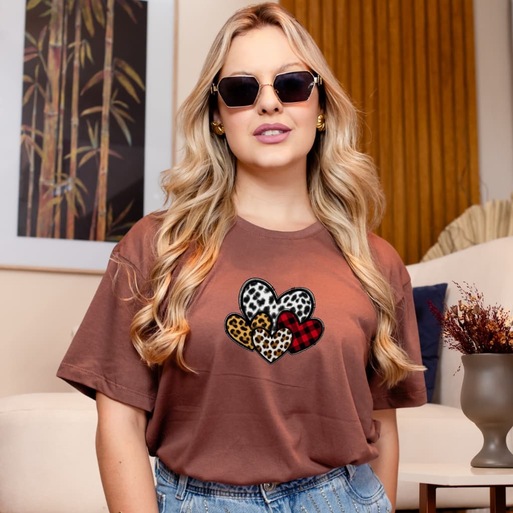 Camiseta Feminina Estampada Coração T-Shirt 100% Algodão