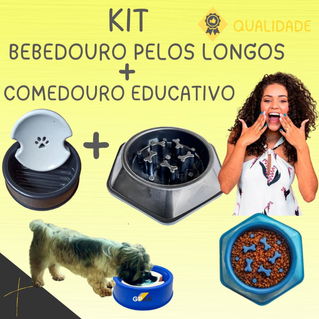 Kit Bebedouro Pelos Longos + Comedouro Educativo Interativo Cachorro Cães Gatos Pet Lento Seco