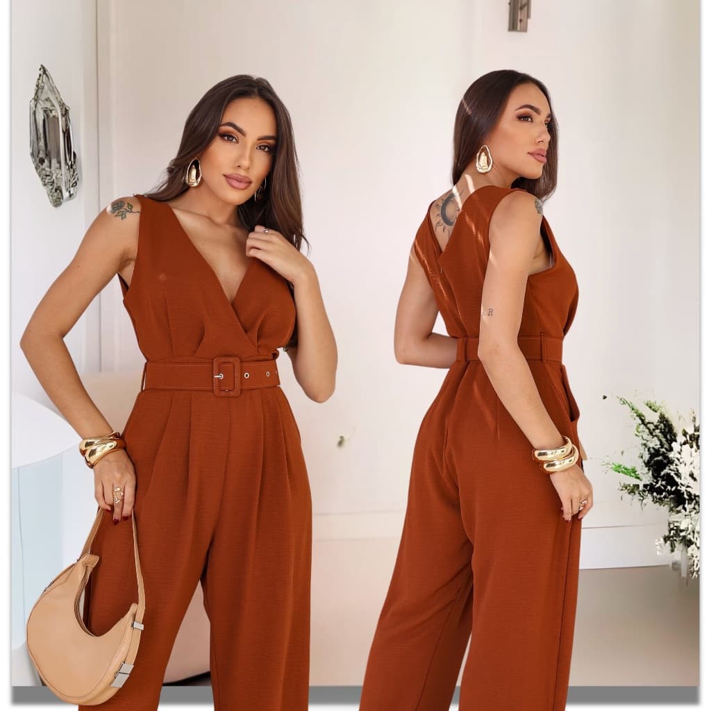 Macacão Regata Feminino Pantalona Elegante Com Cinto Ajustável Festa Moda Social