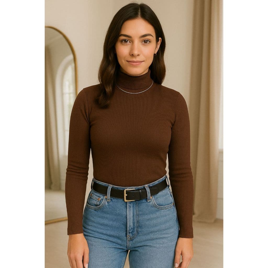 Blusa Feminina Gola Alta Manga Longa Canelada | Básica, Confortável, Estilosa, Ajustada ao Corpo, Inverno, Meia Estação