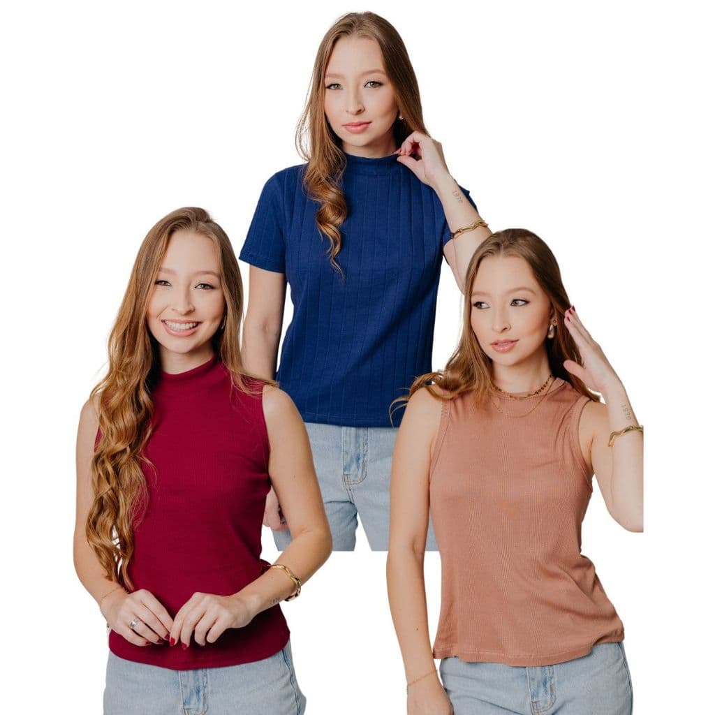 kit 3 Peças Sortido, Blusa + Regata + Regata Gola Alta, Em Ribana Canelada Toque Suave moderna Alta Qualidade e Conforto